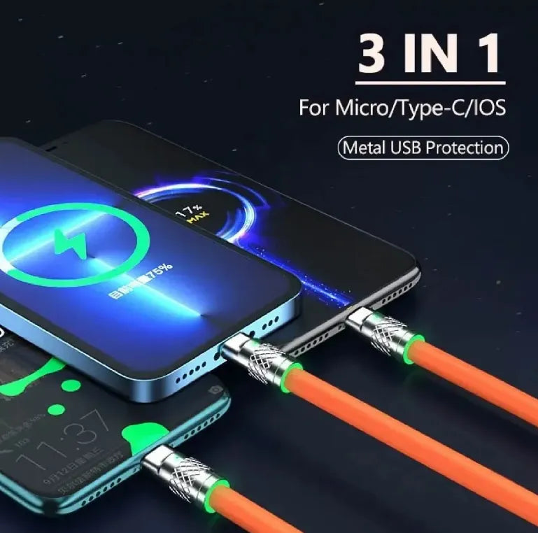 Cable Multiple 3 En 1 Carga Super Rápida Aleacion De Zinc